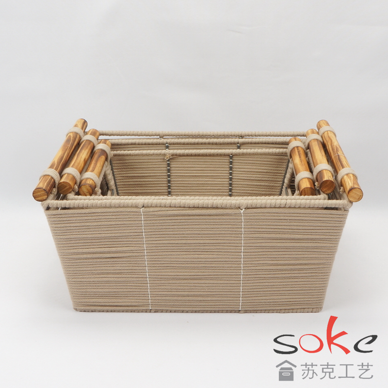 Cotton Rope Hand-Woven basket with wooden handles