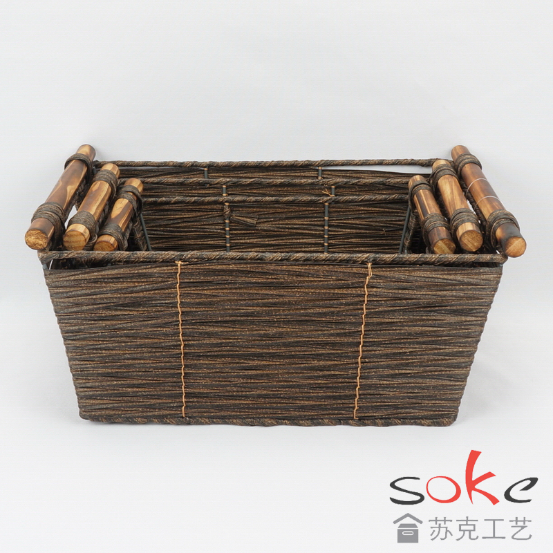 PE Rattan Woven Storage Basket with wooden handles